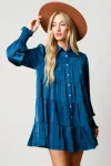 Hot Peach Love California Teal Rhinestone Button Down Shirt Dress