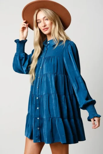 Hot Peach Love California Teal Rhinestone Button Down Shirt Dress