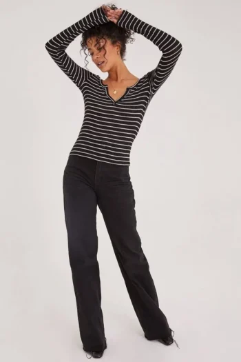 Hot Project Social T Sage Cozy Henley - Black Stripe