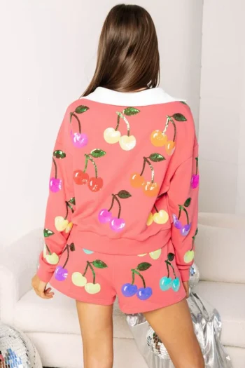 Clearance Queen Of Sparkles Bright Pink Rainbow Cherry Polo Sweatshirt