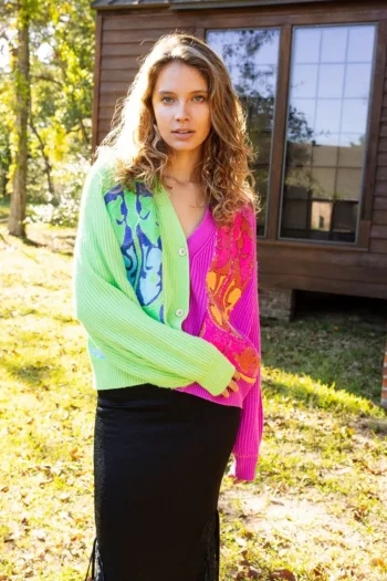 Discount Queen Of Sparkles Green And Purple Colorblock Boot Cardigan