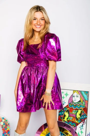 Hot Queen Of Sparkles Purple Holographicpoof Sleeve Dress