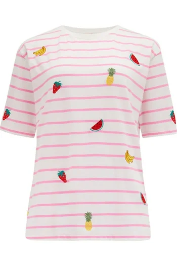 New Sugarhill Brighton Kinsley Relaxed T-Shirt - Off-White/Pink, Fruit Embroidery
